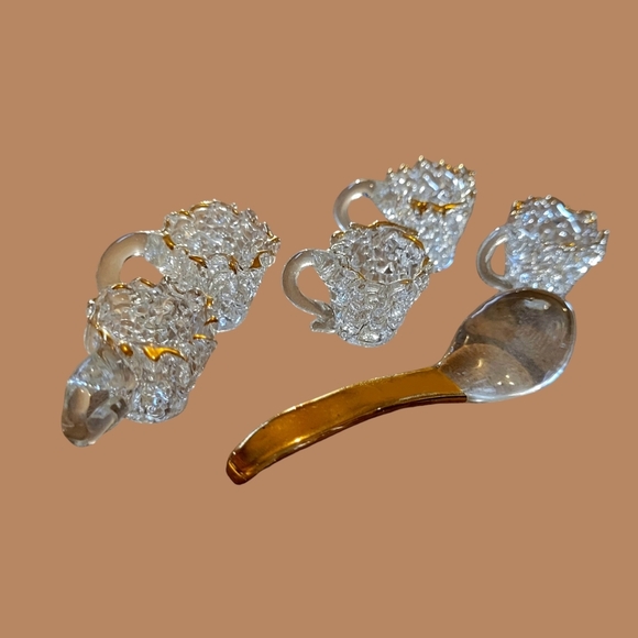 VINTAGE MINIATURE TEA CUPS AND SPOON HAND SPUN BLOWN GLASS WITH 22K GOLD OVERLAY - Picture 3 of 6